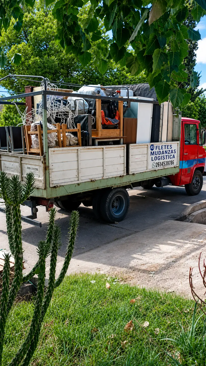 Camión de mudanza cargado con muebles, sillas y colchones, listo para salir.