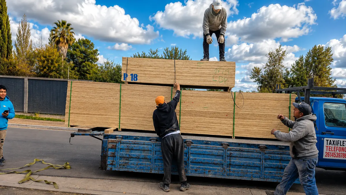 Cuadrilla cargando placas de madera sobre la caja del camión.
